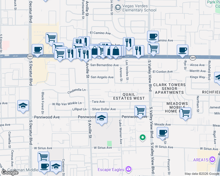 map of restaurants, bars, coffee shops, grocery stores, and more near 4205 San Joaquin Avenue in Las Vegas