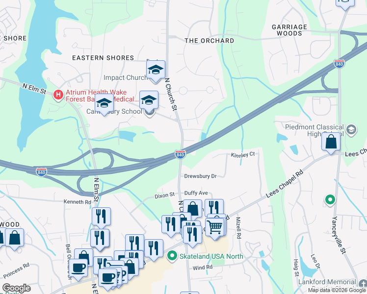map of restaurants, bars, coffee shops, grocery stores, and more near 4400 North Church Street in Greensboro