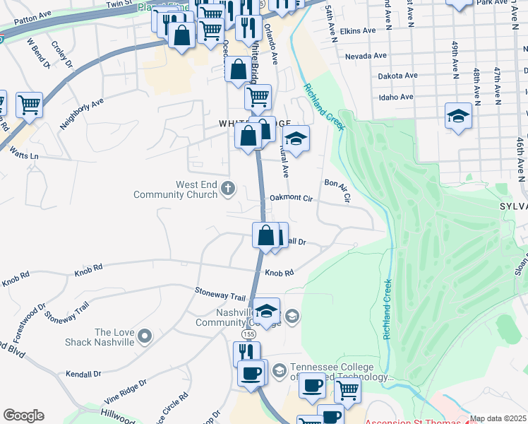 map of restaurants, bars, coffee shops, grocery stores, and more near 243 White Bridge Pike in Nashville
