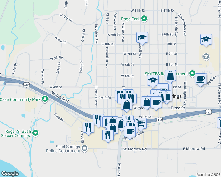 map of restaurants, bars, coffee shops, grocery stores, and more near 400 North Grant Avenue in Sand Springs