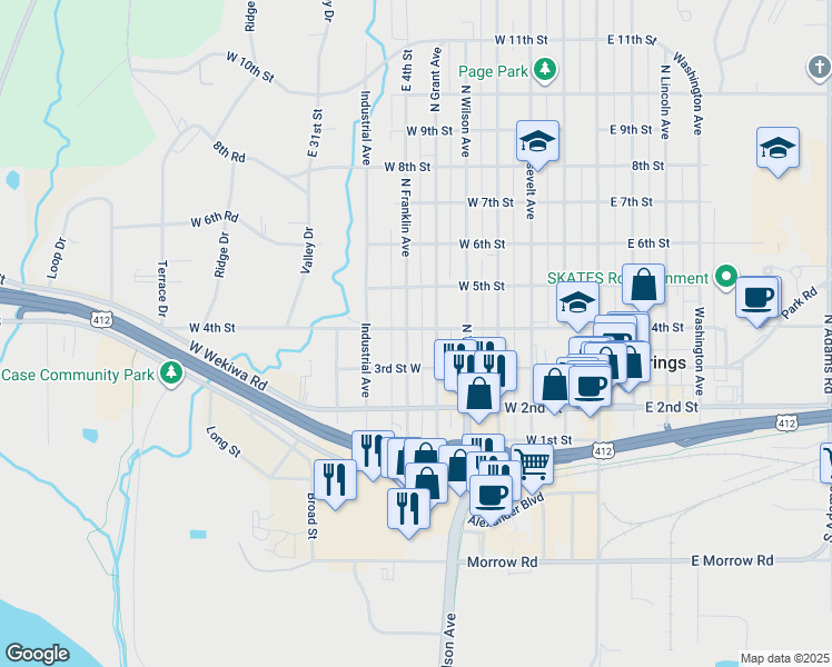 map of restaurants, bars, coffee shops, grocery stores, and more near 400 North Grant Avenue in Sand Springs