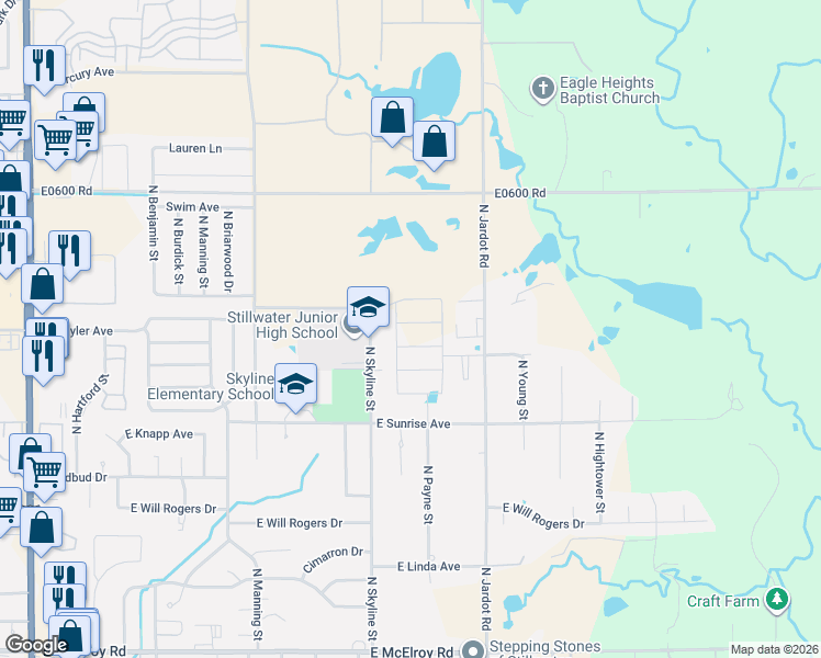 map of restaurants, bars, coffee shops, grocery stores, and more near 1917 North Skyline Street in Stillwater