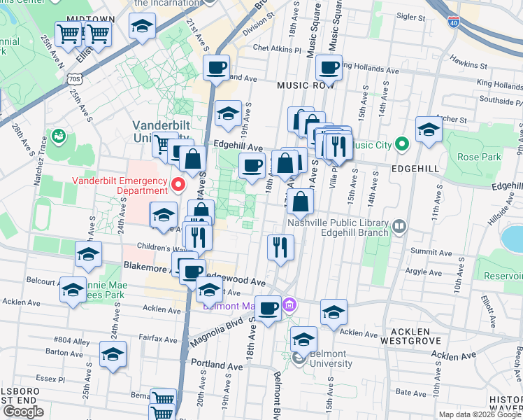map of restaurants, bars, coffee shops, grocery stores, and more near 1799 Horton Avenue in Nashville