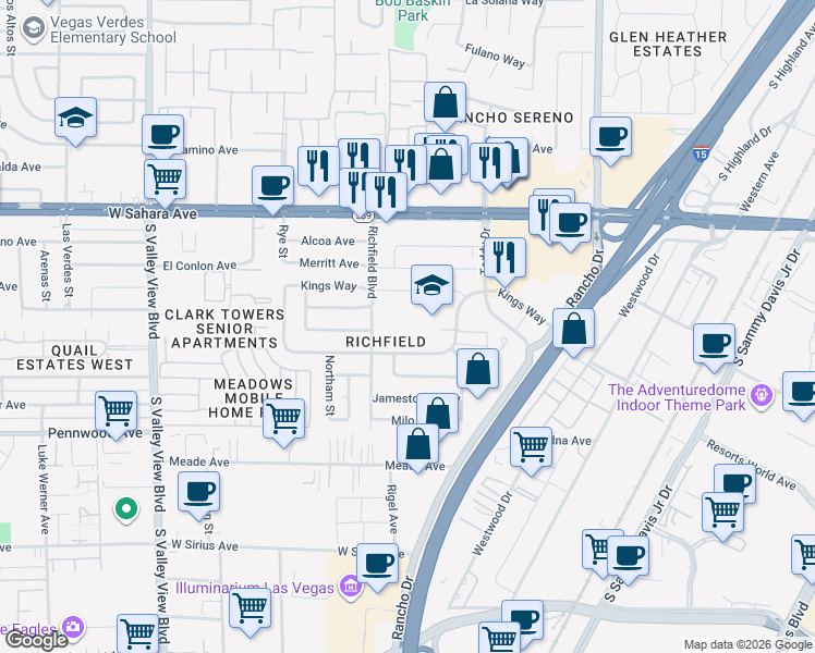 map of restaurants, bars, coffee shops, grocery stores, and more near 2900 Wilmington Way in Las Vegas