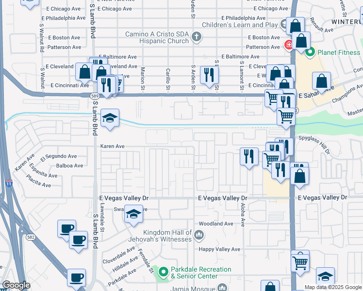 map of restaurants, bars, coffee shops, grocery stores, and more near 4550 Karen Avenue in Las Vegas