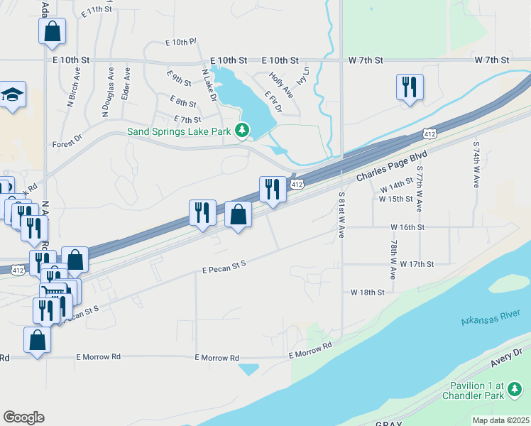 map of restaurants, bars, coffee shops, grocery stores, and more near Charles Page Boulevard in Sand Springs