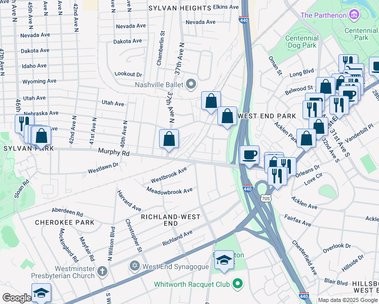 map of restaurants, bars, coffee shops, grocery stores, and more near 542 Acklen Park Drive in Nashville