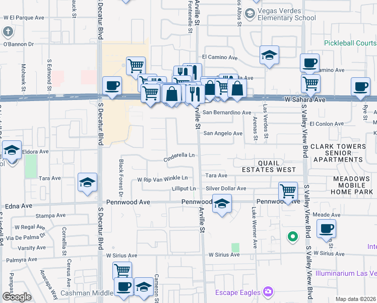 map of restaurants, bars, coffee shops, grocery stores, and more near 4412 Cinderella Lane in Las Vegas