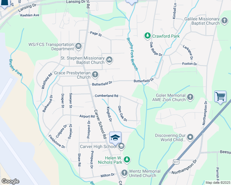 map of restaurants, bars, coffee shops, grocery stores, and more near 3331 Cumberland Road in Winston-Salem