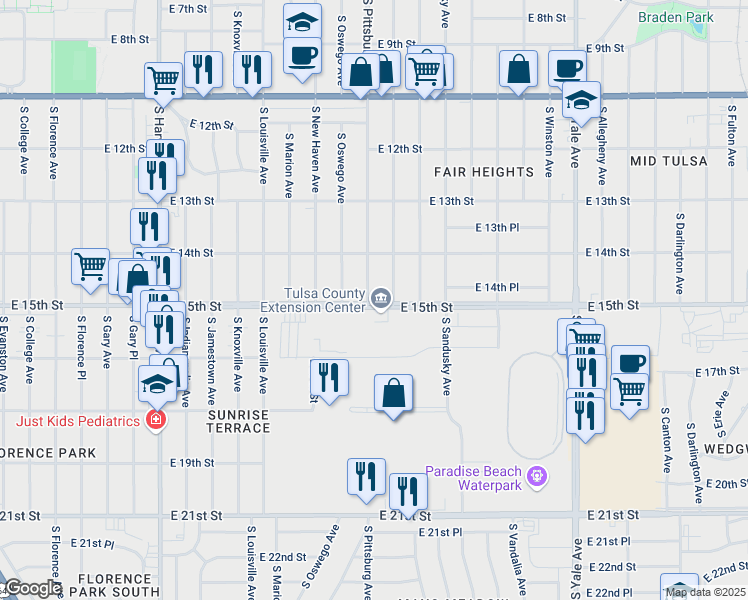 map of restaurants, bars, coffee shops, grocery stores, and more near 4105 East 15th Street in Tulsa