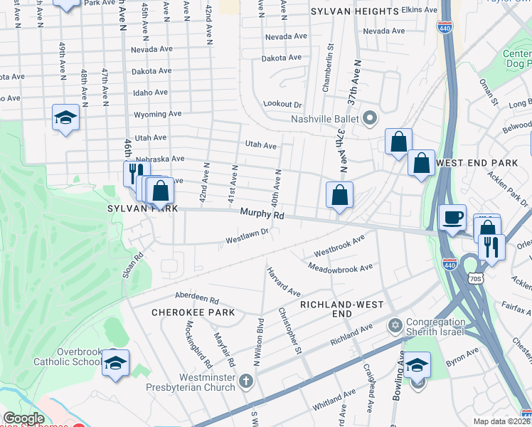 map of restaurants, bars, coffee shops, grocery stores, and more near 4004 Murphy Road in Nashville