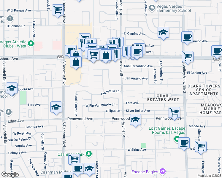 map of restaurants, bars, coffee shops, grocery stores, and more near 4513 San Joaquin Avenue in Las Vegas