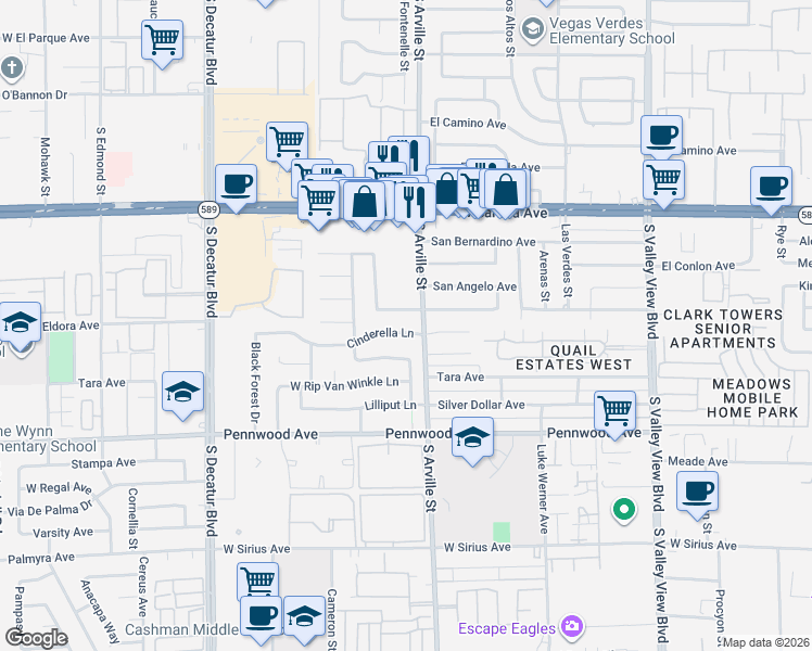 map of restaurants, bars, coffee shops, grocery stores, and more near 4401 San Joaquin Avenue in Las Vegas