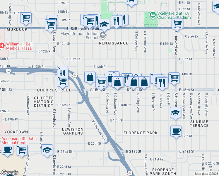 map of restaurants, bars, coffee shops, grocery stores, and more near 2733 East 15th Street in Tulsa