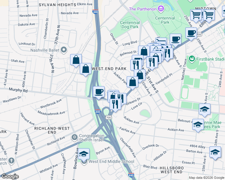 map of restaurants, bars, coffee shops, grocery stores, and more near 5 Fairmont Place in Nashville