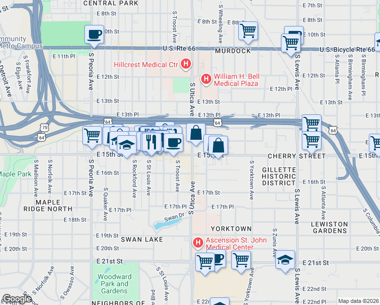 map of restaurants, bars, coffee shops, grocery stores, and more near in Tulsa