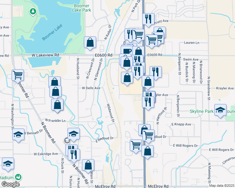 map of restaurants, bars, coffee shops, grocery stores, and more near 1822 North Perkins Road in Stillwater