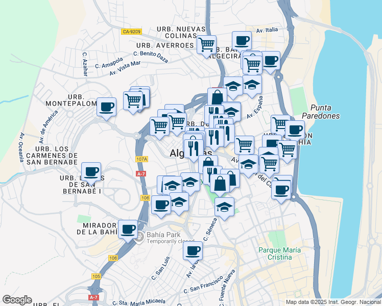 map of restaurants, bars, coffee shops, grocery stores, and more near in Algeciras