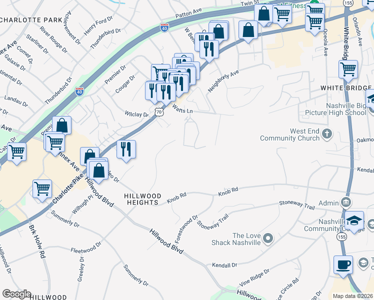 map of restaurants, bars, coffee shops, grocery stores, and more near 100-1098 Watts Cir in Nashville
