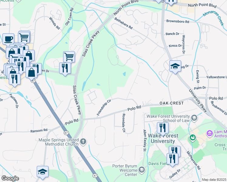 map of restaurants, bars, coffee shops, grocery stores, and more near Freds Road in Winston-Salem