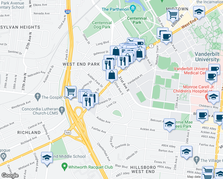 map of restaurants, bars, coffee shops, grocery stores, and more near 111 33rd Avenue in Nashville