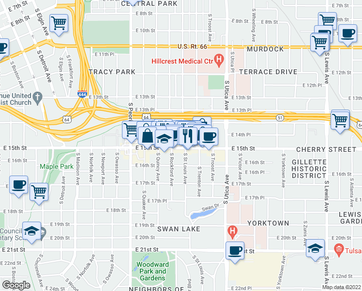 map of restaurants, bars, coffee shops, grocery stores, and more near 1523 East 15th Street in Tulsa