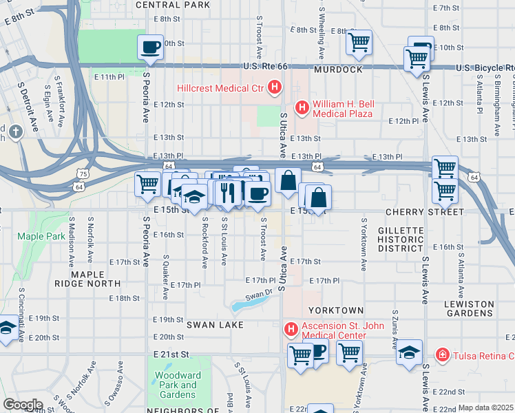 map of restaurants, bars, coffee shops, grocery stores, and more near 1439 South Troost Avenue in Tulsa