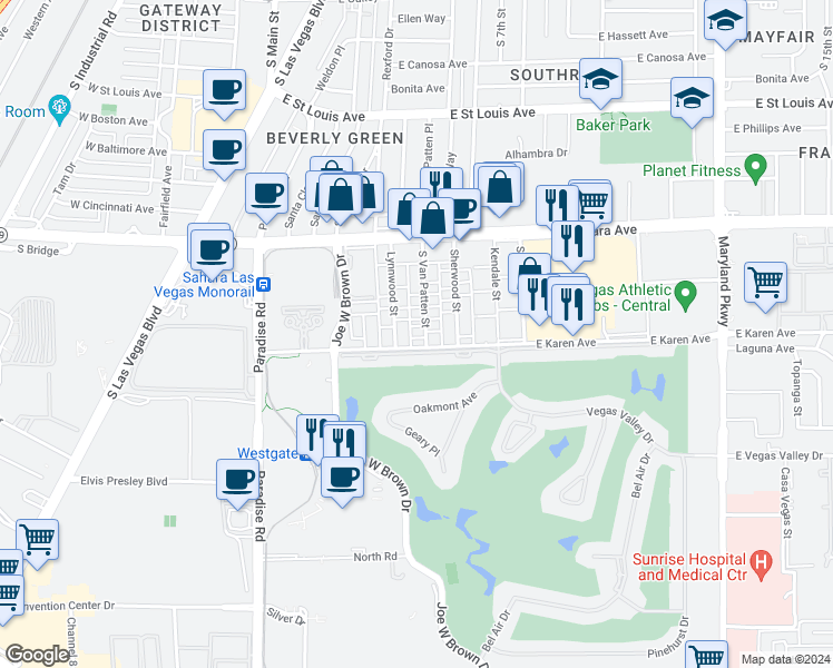 map of restaurants, bars, coffee shops, grocery stores, and more near 2646 Lynnwood Street in Las Vegas