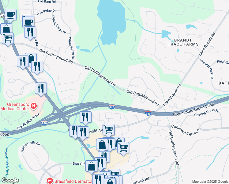 map of restaurants, bars, coffee shops, grocery stores, and more near in Greensboro