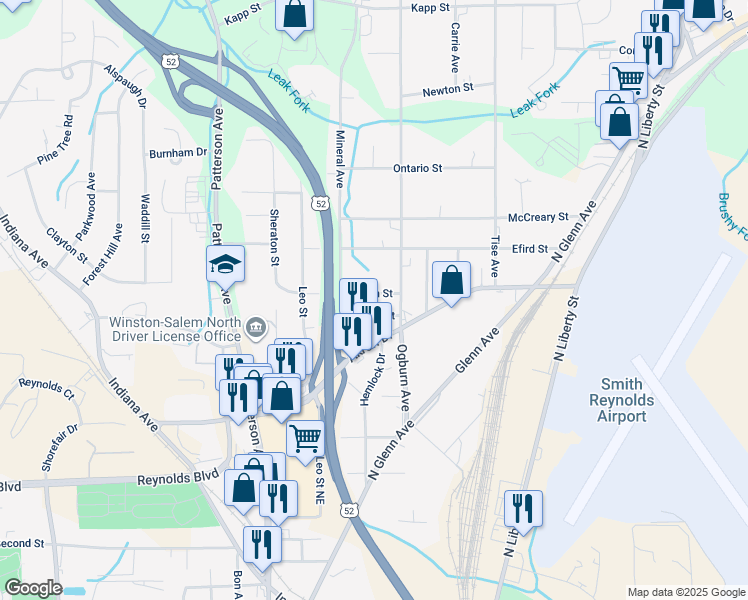 map of restaurants, bars, coffee shops, grocery stores, and more near 508 Peden Street in Winston-Salem