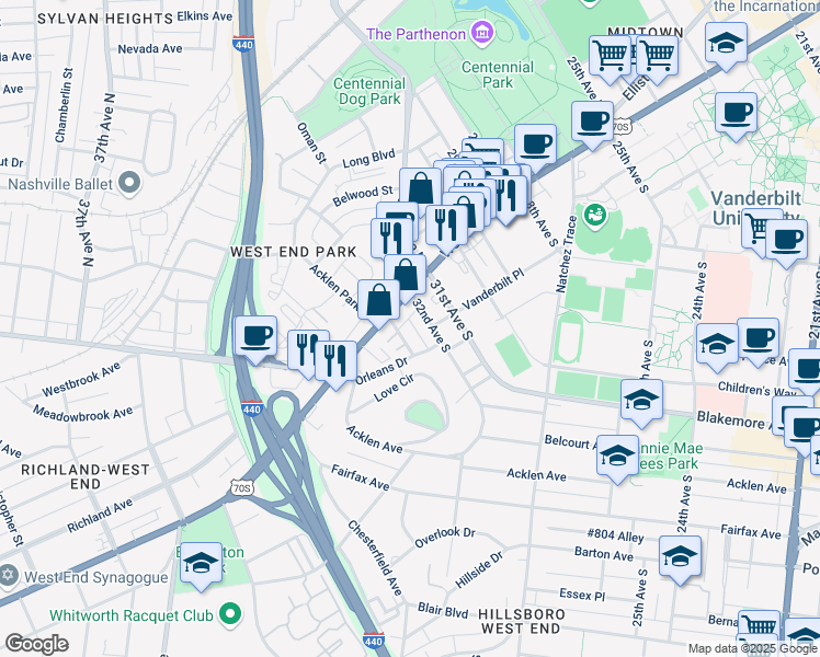 map of restaurants, bars, coffee shops, grocery stores, and more near in Nashville