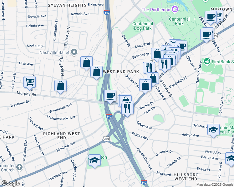 map of restaurants, bars, coffee shops, grocery stores, and more near 230 Fairmont Court in Nashville