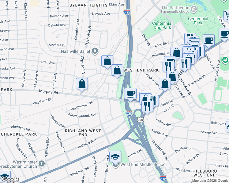 map of restaurants, bars, coffee shops, grocery stores, and more near 413 Park Circle in Nashville