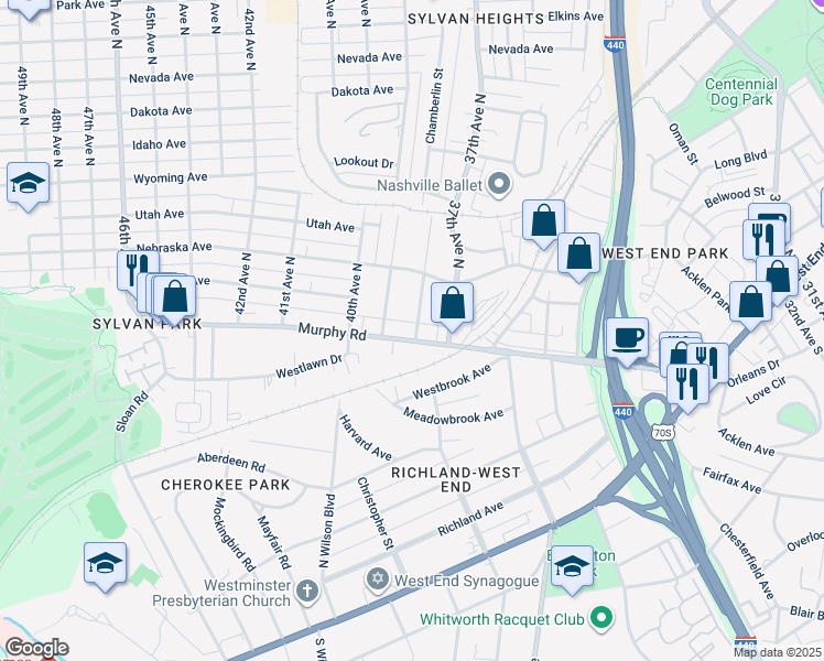 map of restaurants, bars, coffee shops, grocery stores, and more near 105 38th Avenue North in Nashville