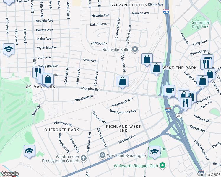 map of restaurants, bars, coffee shops, grocery stores, and more near 105 38th Avenue North in Nashville