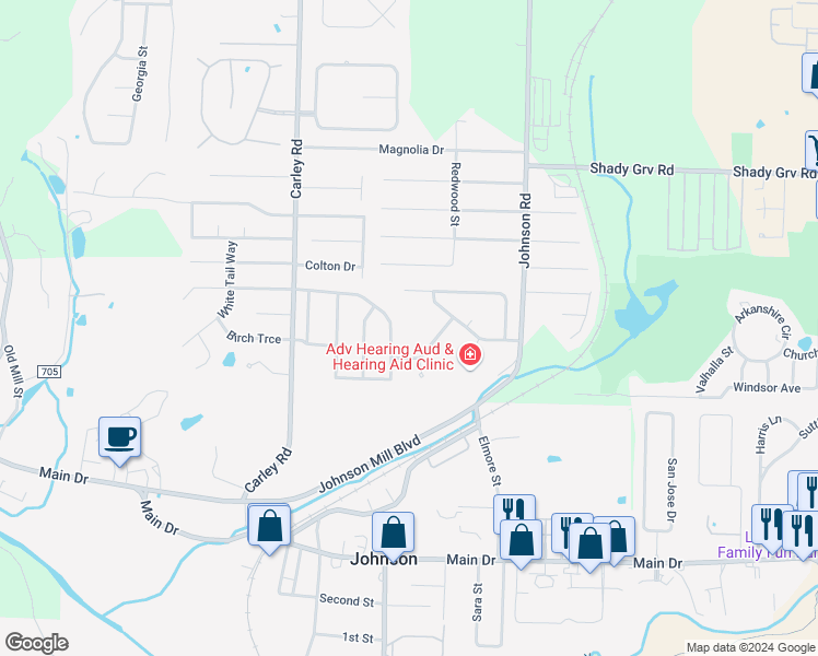 map of restaurants, bars, coffee shops, grocery stores, and more near 2610 Drexelwood Drive in Springdale