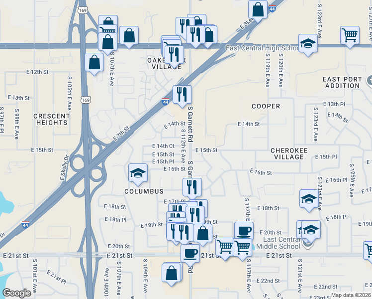 map of restaurants, bars, coffee shops, grocery stores, and more near 1443 South 112th East Avenue in Tulsa