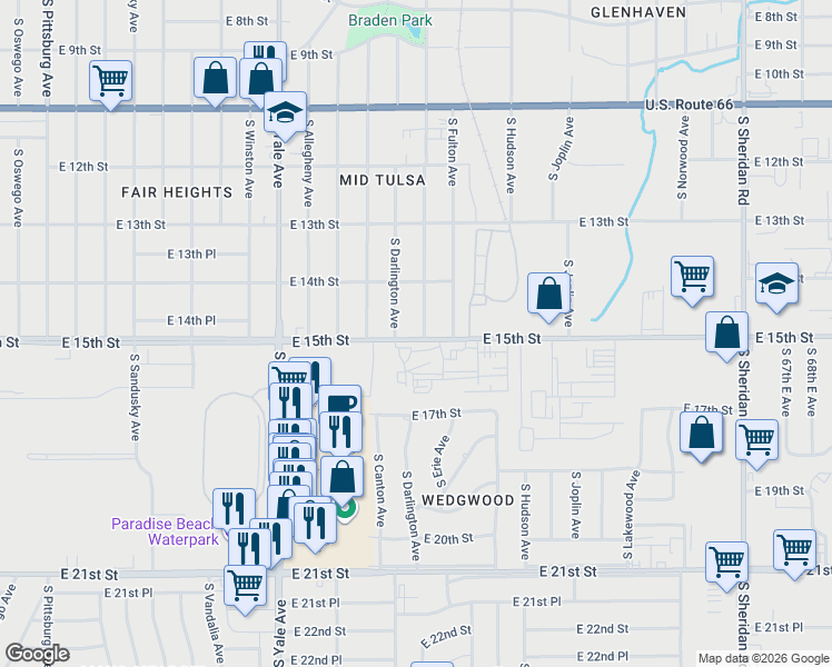 map of restaurants, bars, coffee shops, grocery stores, and more near 1441 South Darlington Avenue in Tulsa
