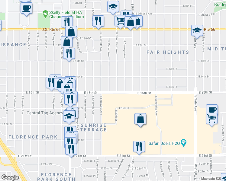 map of restaurants, bars, coffee shops, grocery stores, and more near 1440 South New Haven Avenue in Tulsa