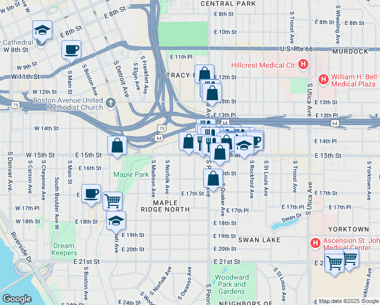 map of restaurants, bars, coffee shops, grocery stores, and more near 1445 South Newport Avenue in Tulsa