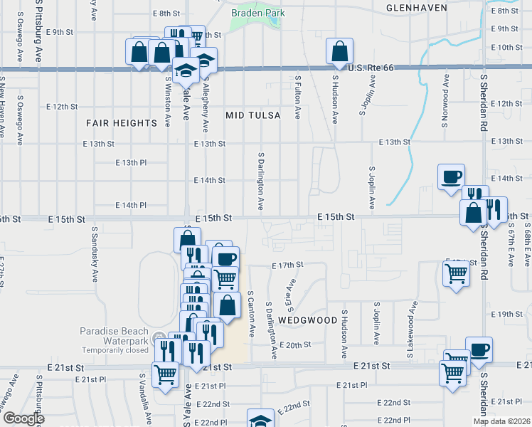 map of restaurants, bars, coffee shops, grocery stores, and more near 1447 South Darlington Avenue in Tulsa