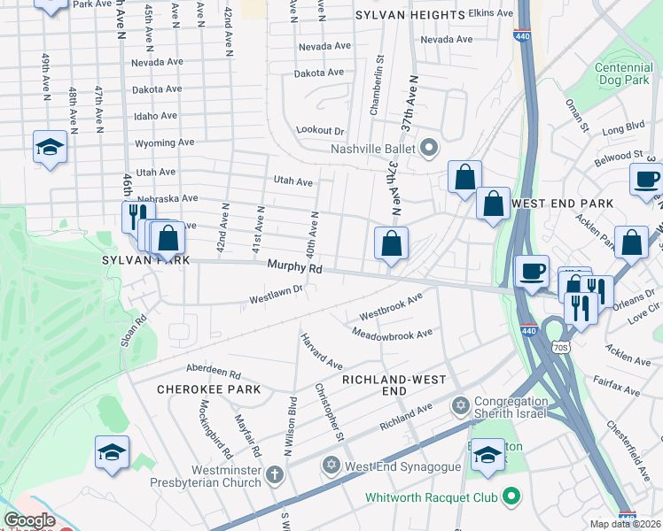 map of restaurants, bars, coffee shops, grocery stores, and more near 3900 Murphy Road in Nashville