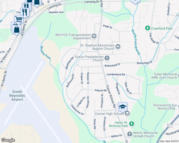 map of restaurants, bars, coffee shops, grocery stores, and more near 3101 Flanders Drive in Winston-Salem