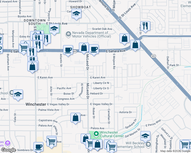map of restaurants, bars, coffee shops, grocery stores, and more near 4 East Karen Avenue in Las Vegas
