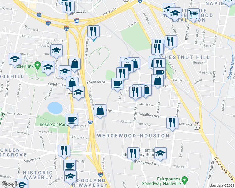 map of restaurants, bars, coffee shops, grocery stores, and more near 516 Hagan Street in Nashville