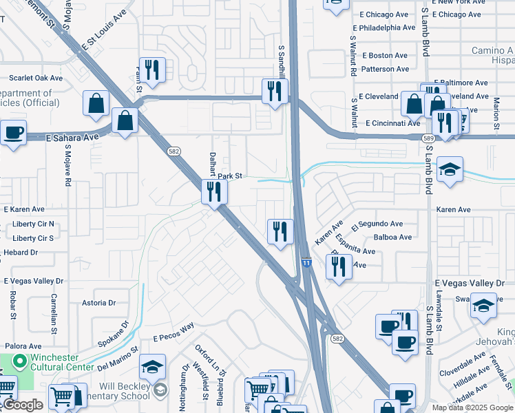 map of restaurants, bars, coffee shops, grocery stores, and more near 2722 Sierra Grande Street in Las Vegas