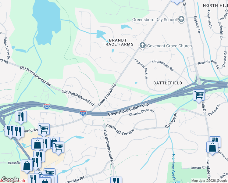 map of restaurants, bars, coffee shops, grocery stores, and more near 4214 Lake Brandt Road in Greensboro