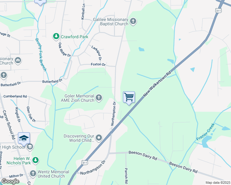 map of restaurants, bars, coffee shops, grocery stores, and more near 3915 Northampton Drive in Winston-Salem