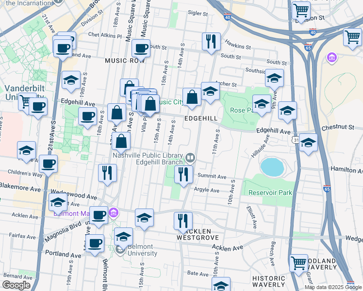 map of restaurants, bars, coffee shops, grocery stores, and more near 1277 12th Avenue South in Nashville