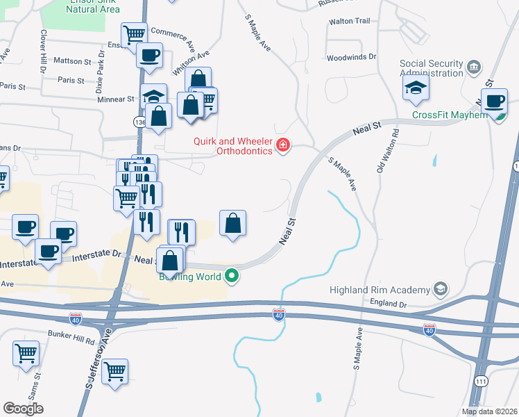 map of restaurants, bars, coffee shops, grocery stores, and more near 1381 Belfair Street in Cookeville